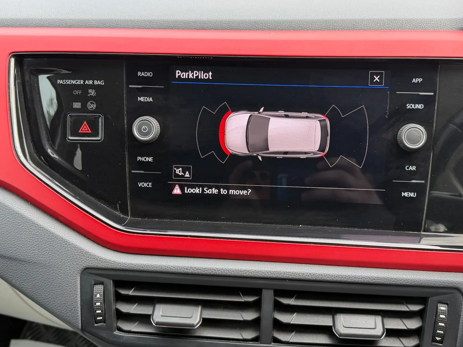 ParkPilot parking sensor display on the Polo Beats infotainment screen